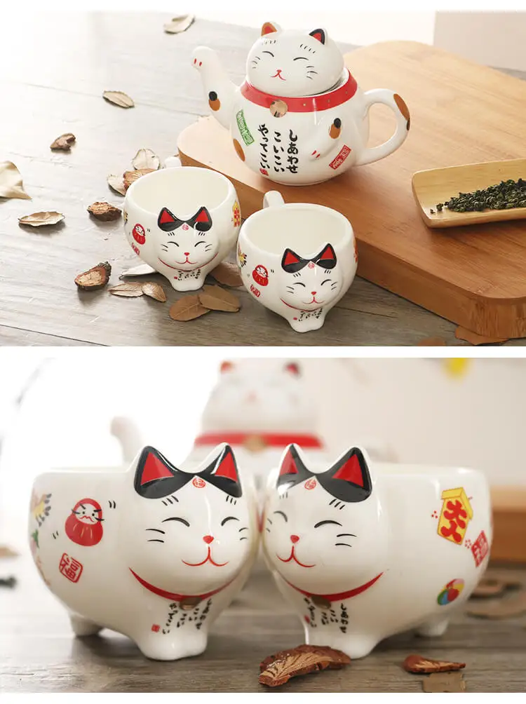 Милый японский фарфоровый чайный сервиз Lucky Cat, креативный керамический чайный горшок Maneki Neko, чашка с ситечком, милый чайный горшок с котиком, кружка