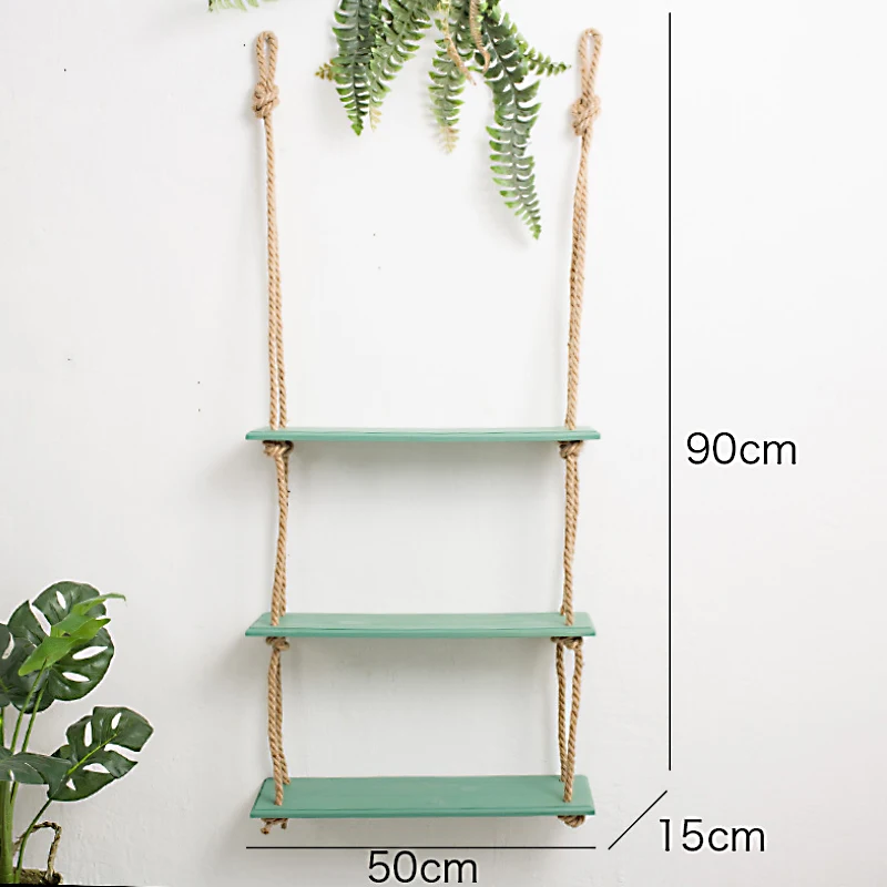 Украшение дома плавающая стойка для хранения настенная качественная натуральная древесина веревка висящая настенная полка 3 цвета - Цвет: green 3 layers