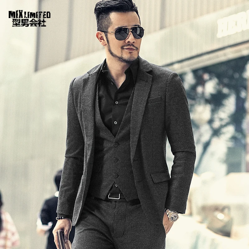 Autumn Winter New Woolen Slim Casual Men Black Striped Suit Business Gentleman British Style Brand Suit for Men Wedding Blazer