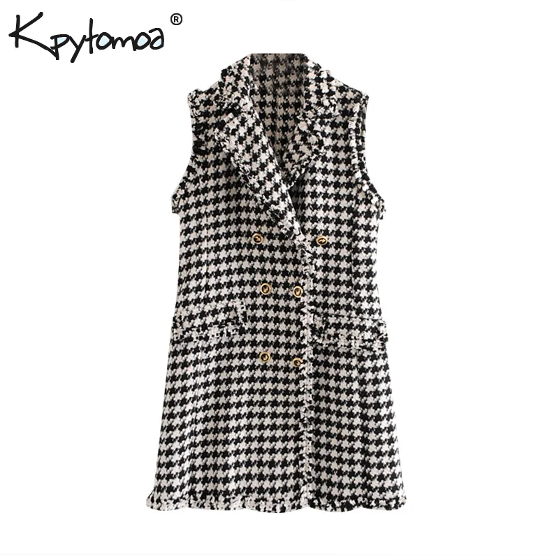 Meilleur Vintage Double boutonnage effiloché Tweed Mini robe femmes 2019 mode revers col sans manches Plaid robes décontracté Vestidos Mujer