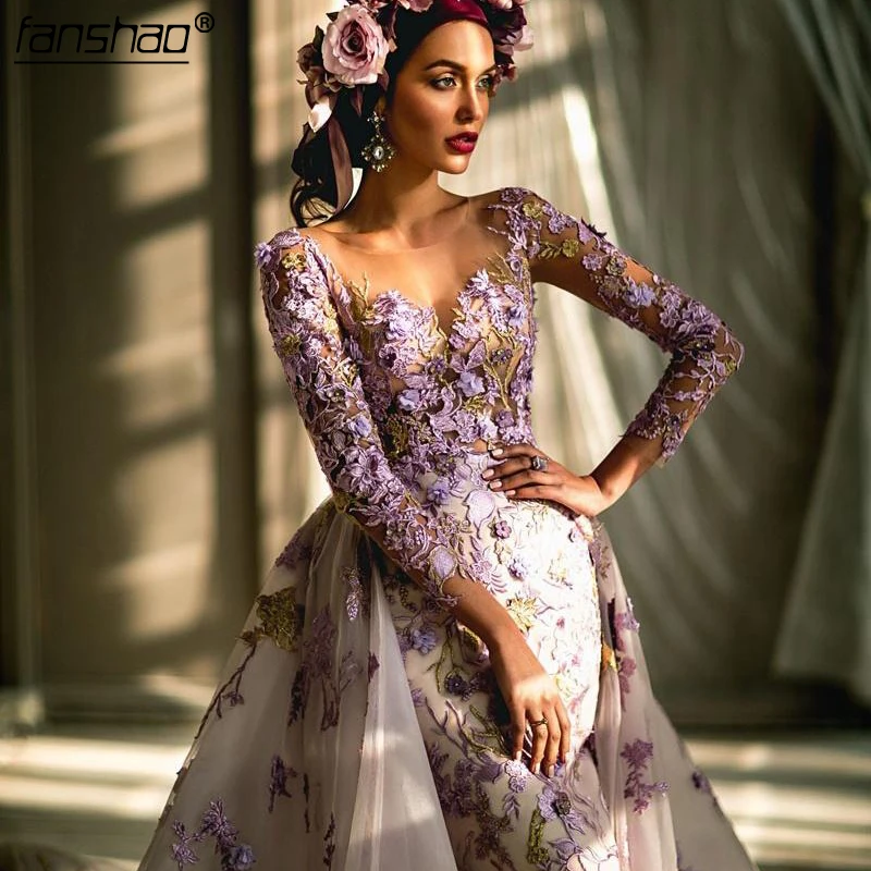 

Lila Muslim Evening Dresses Mermaid Detachable Train V-Neck Tulle Appliques Beads Illusion Islamic Dubai Saudi Arabic Prom Dress