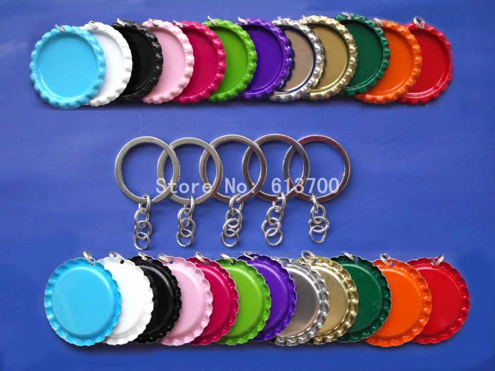 

500 pcs Both Side Colored Flattened Bottle caps Bottlecap with Hole and chrome key chains keychain keyring For Jewelry