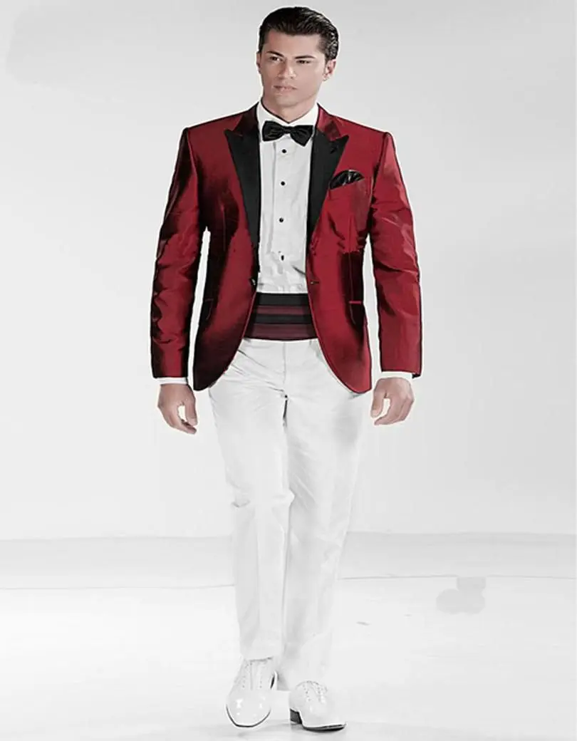 One Button Dark Red Jacket White Pant Groom Tuxedos Groomsmen Men's