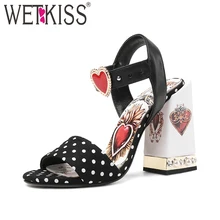 WETKISS Polka Dot High Heels Women Sandals Summer 2019 New Fashion Sandals Pearl Printing Shoes Open Toe Leather Footwear original intention new gorgeous women sandals nice polka dot open toe chunky heels sandals popular shoes woman plus us size 4 15