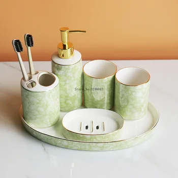 

European-style bathroom set of six green marble ceramic wash kit bathroom supplies set wedding set gift