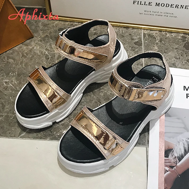 Aphixta 6 سنتيمتر الكعوب صنادل أرضية النساء أسافين الكعب أحذية النساء مطرزة القماش هوك و حلقة Zapatos موهير النعال امرأة صندل