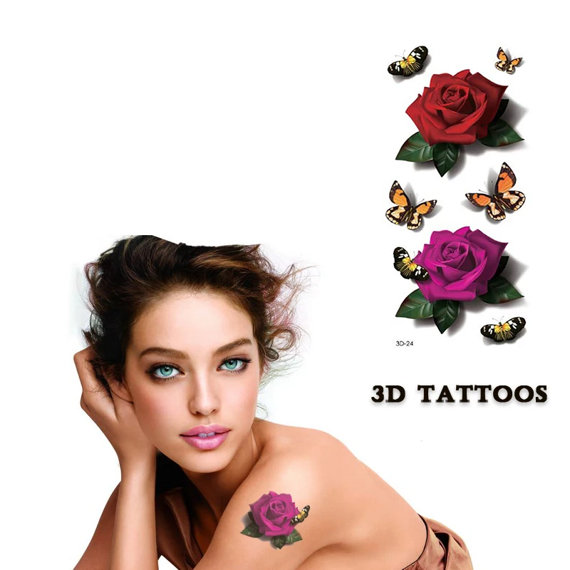  Realist Temporary 3D Tattoo Stickers Fake Rose Tattoos Waterproof Arm ...
