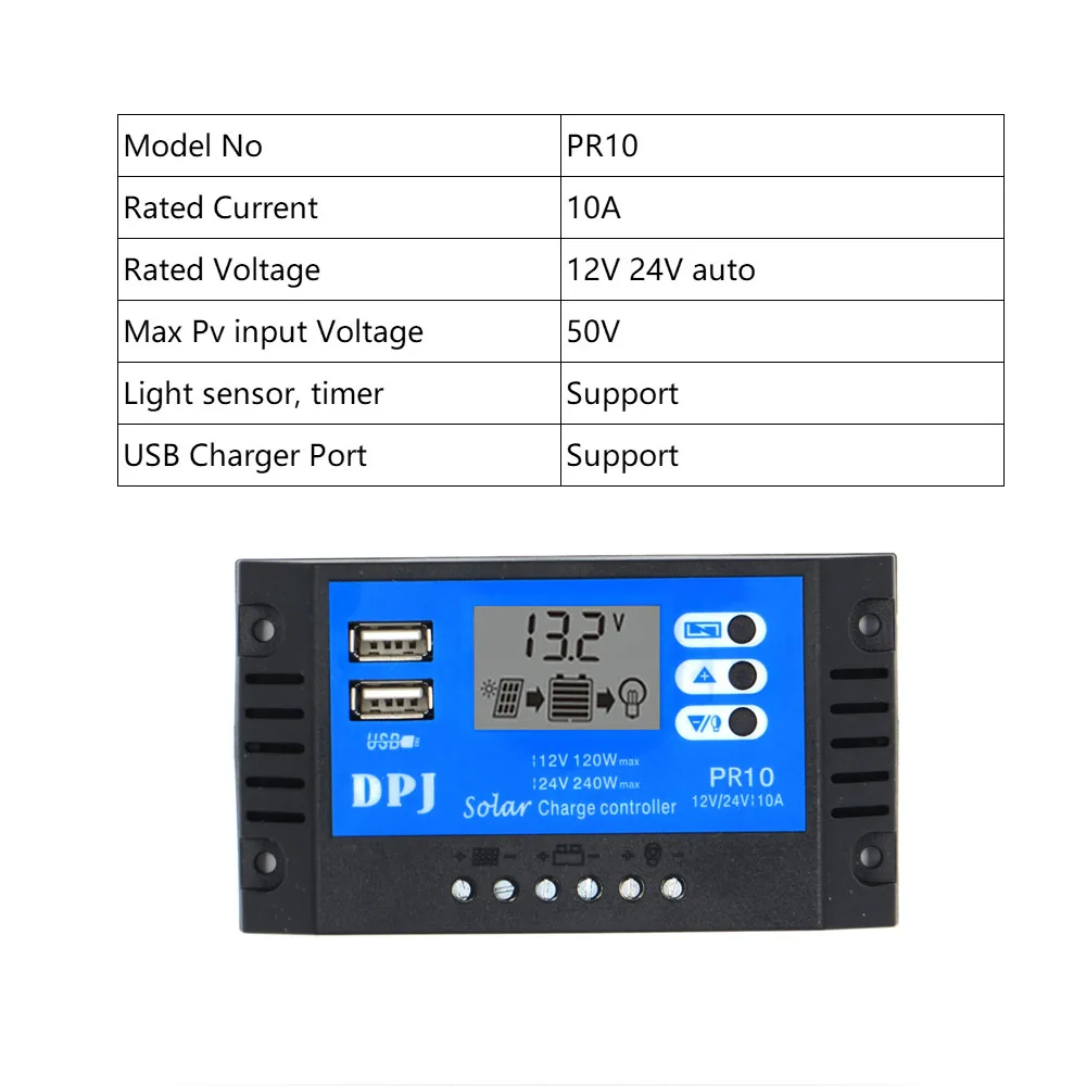 RP10 DC 12V 24V Авто за максимальной точкой мощности, Солнечный контроллер заряда 60/50/40/30/20/10A PWM регулятором солнечного солнечная батарея зарядное устройство для батареи Регуляторы PV с ЖК-дисплей - Цвет: 10A 12V 24V