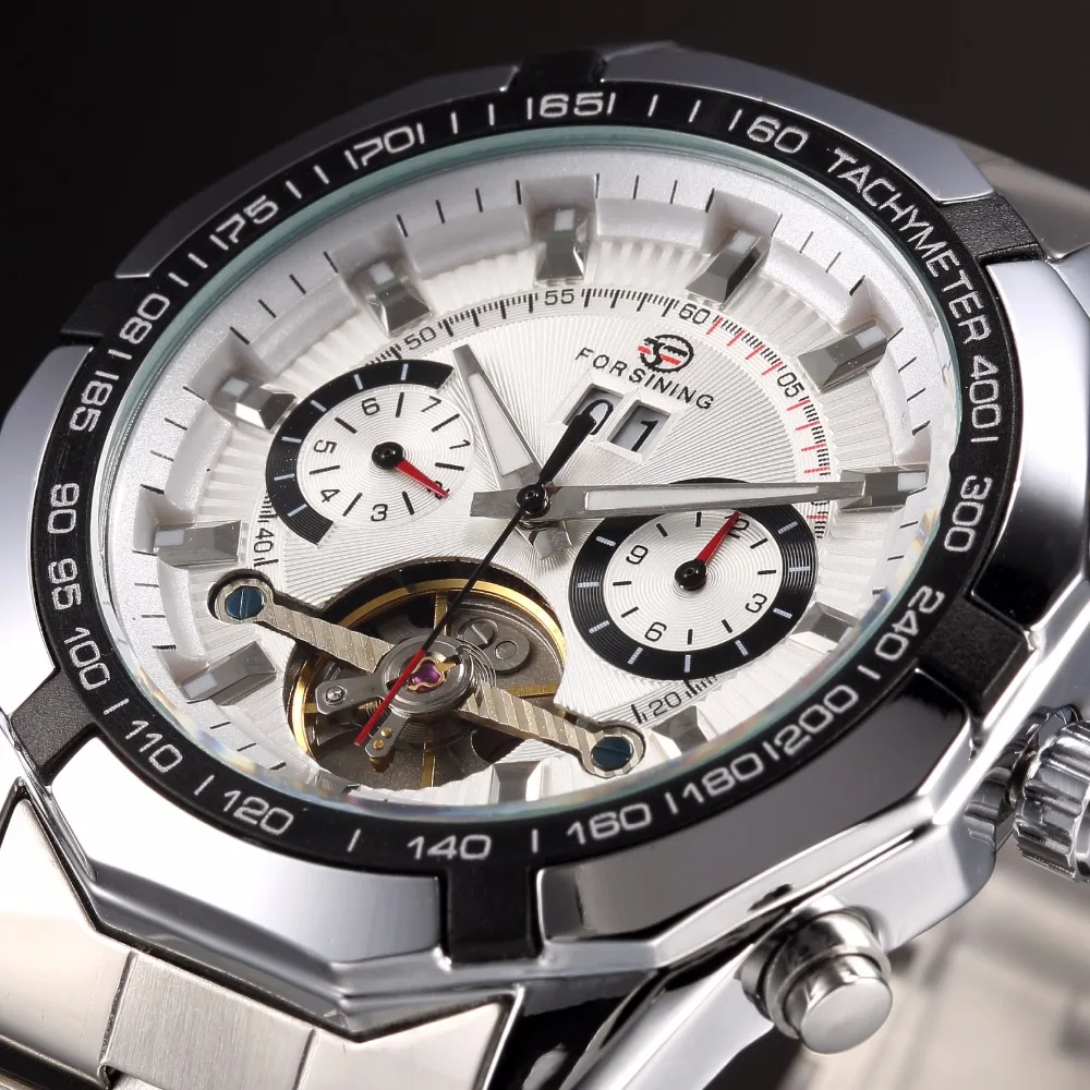 FORSINING الأزياء عارضة الرجال ساعة الرياضة نمط المقاوم للصدأ سوار فولاذي أبيض الاتصال الهاتفي توربيون الميكانيكية ووتش FORSINING الأزياء عارضة الرجال ساعة الرياضة نمط المقاوم للصدأ سوار فولاذي أبيض الاتصال الهاتفي توربيون الميكانيكية ووتش