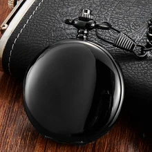 Classy Black Hand-winding Mechanical Pocket Watch Fob Chain Men Watches Plain Flip Clock for Laser Engraved without Battery Gift
