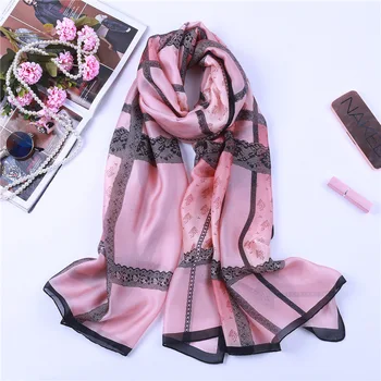 

Hlinayi 2019 New Silk Scarf Female Elegant Famous Lace Grained Chequered Silk Scarf Fashion Shawl Sunscreen