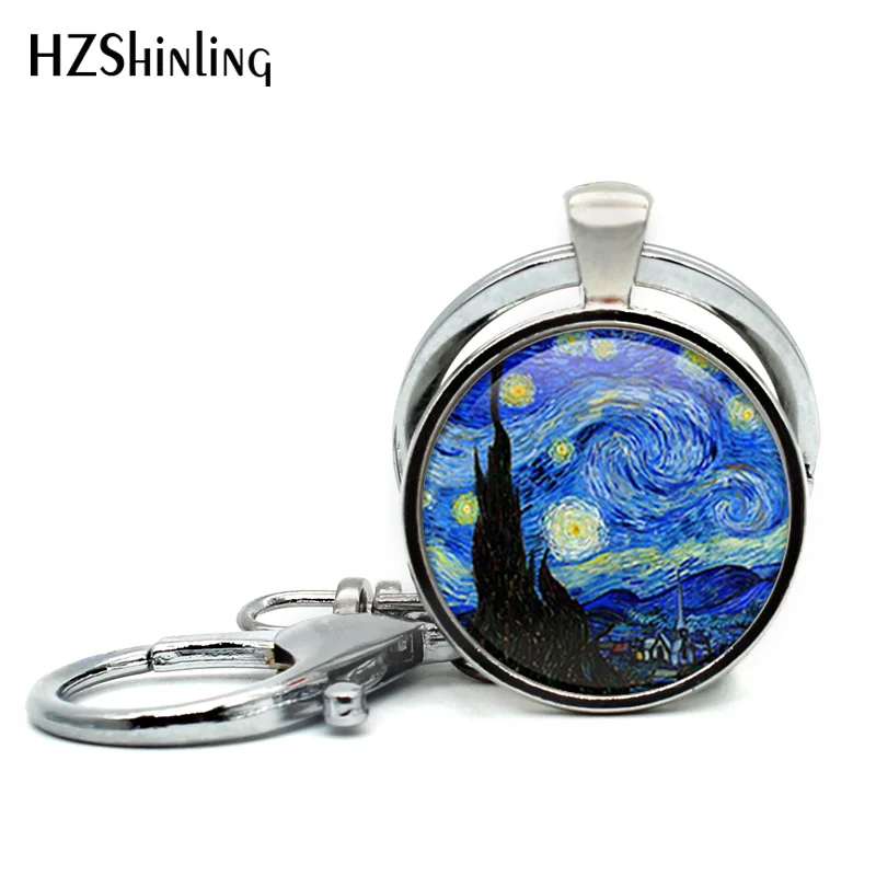 

New Fashion Van Gogh Starry Night Key Chain Handmade Classic Van Gogh Jewelry Glass Dome Keyring Silver Keychains