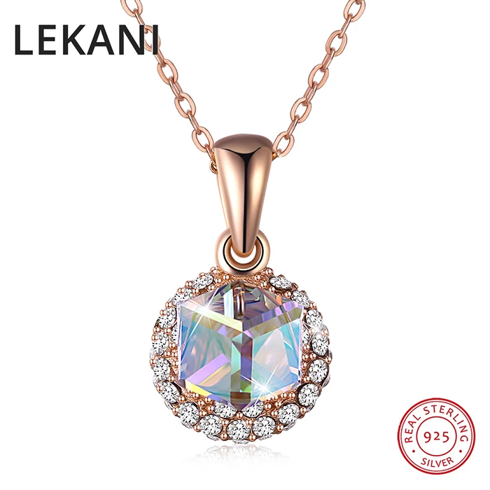 LEKANI, новинка, красочные кубические кристаллы от Swarovski, подвески, ожерелье, розовое золото, S925 серебро, цепочка, ожерелье для женщин, хорошее ювелирное изделие - Цвет камня: Crystal AB