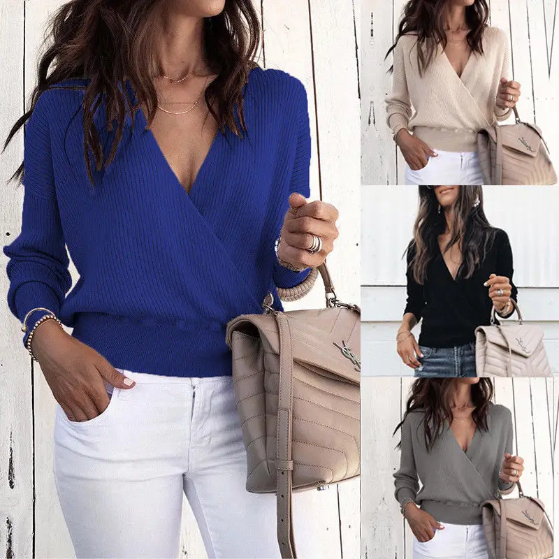 

Women Long Sleeve Loose Wrap Knitted Solid Casual V-neck Knitwear Tops Blouse