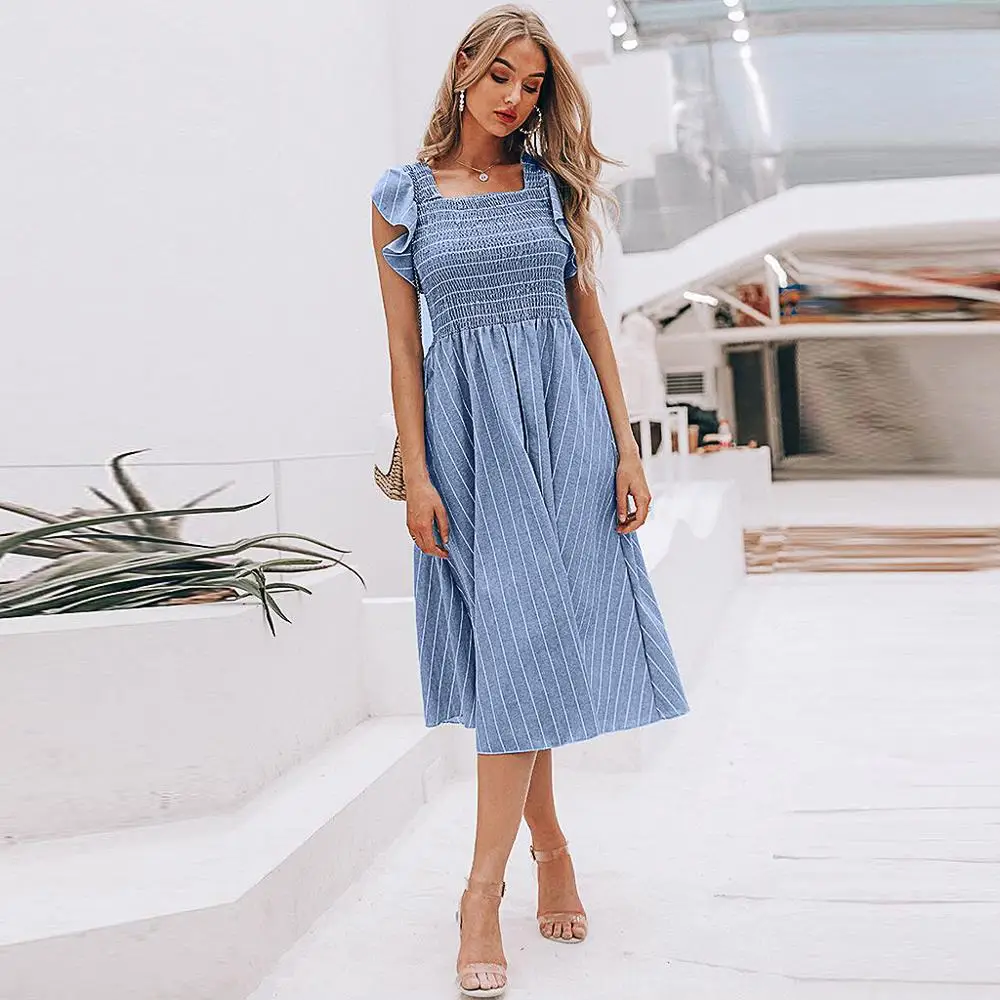 

2019 Summer Fashion Women Ruffles Sleeve Sleeveless Dress Ladies Square Collar Stripe Print Beach Dress