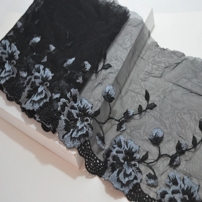 

somelace 18cm 2yds/black gauze gray floral Embroidery DIY lace trim for garments and wedding decoration2018092407