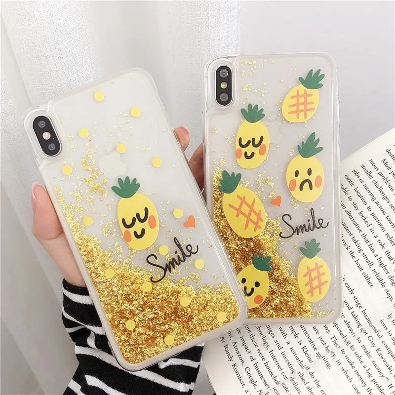 

Summer Fresh Fruit Liquid Quicksand phone Case For iphone X Xs Xsmax Xr 6 6s 7 8Plus Luxury Yellow Pineapple Soft Phone Case