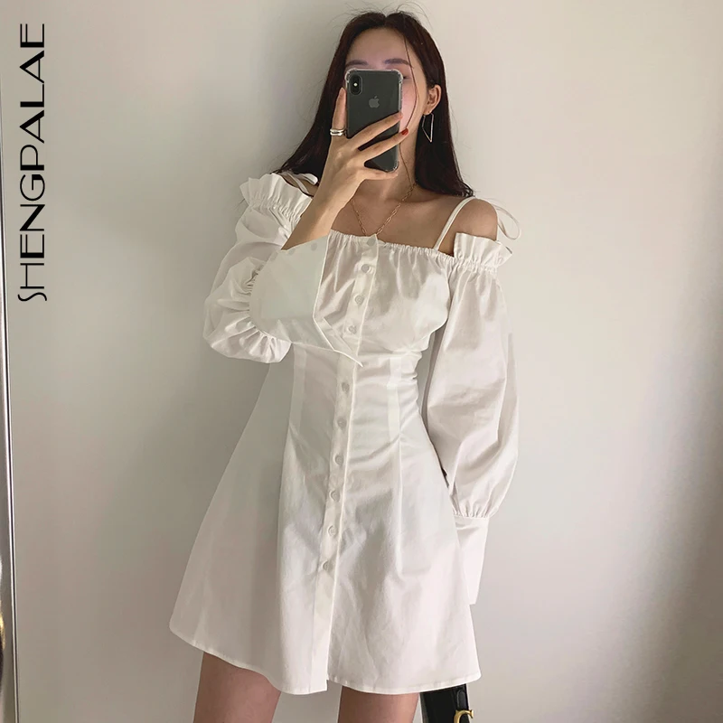 

SHENGPALAE Summer Spring Japan Korea Style Women Full Lantern Sleeve Above Knee Mini With Button Shash Neck Pencil Dess FQ979