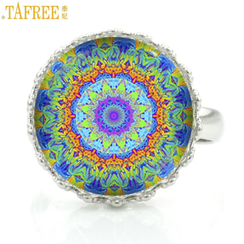 

TAFREE buddhist yoga women jewelry rings fashion mandala flower charms crown ring Sacred Geometry zen faith jewellery HT187