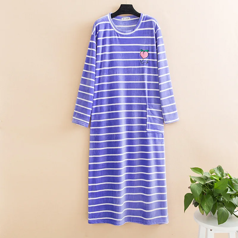 Autumn Nightgown Plus Big Size Women Sleepwear Stripes Winter super Soft Flannel Night Dress Long Sleeve Nightwear New - Цвет: Purple as chart