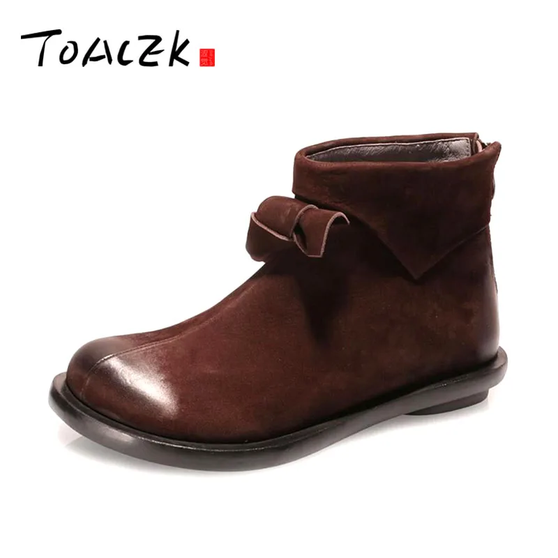 

Autumn new retro leather literary round head velvet back zipper flat bottom low boots women