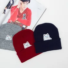 Осенняя Вертикальная шерстяная шапочка Вязаная мужская зимняя шапка женские осенние вязаные шапочки с черепом Модная стильная меховая шапка с котом