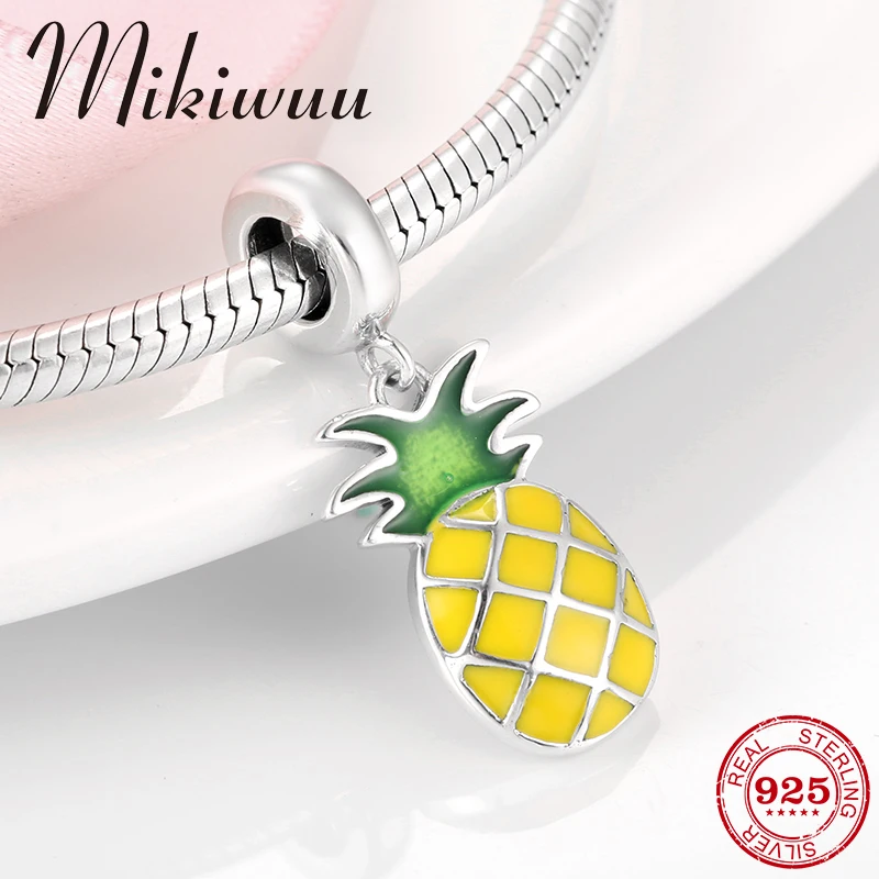 

Summer style 925 Silver pineapple Yellow Enamel pendant Beads Fit Original Bracelet Pandora for Women DIY Jewelry Making