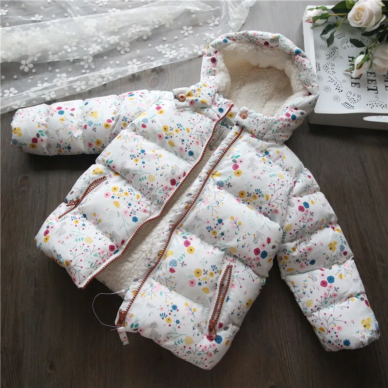 

2018 Kids Down Jacket Thickening White Warm Coat Baby Girl Flower Print Toddler Girls Warm Down Jacket