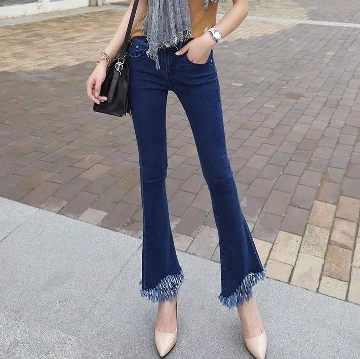 

2017 women Skinny pants fashion Fringed edges denim pant Flares jeans