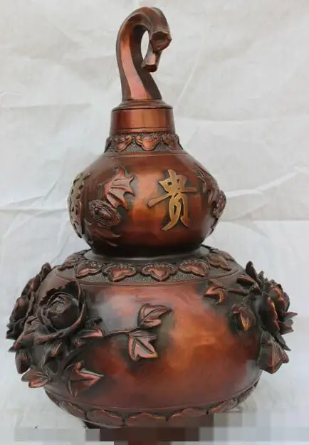 

S02637 18" Folk Chinese Pure Bronze Auspicious Flower Statue FengShui Fu Gourd Cucurbit (B0413)