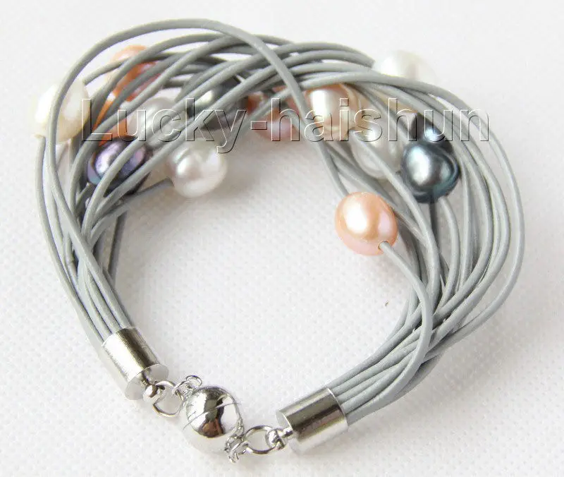 

Shipping >> new hot 8" 13mm 15row white black pink purple pearls gray leather bracelet j9667