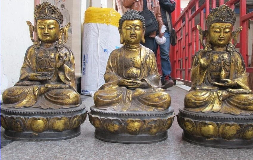 

Tibet Buddhism Bronze Gild 3 Saints of the West Bodhisattva kwan Yin Buddha Set Statue Statue