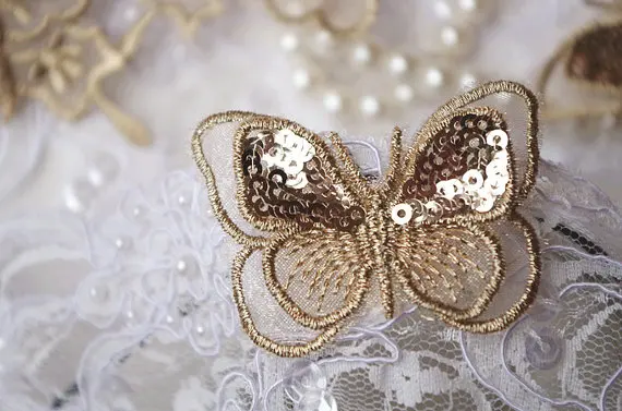 

gold butterfly lace applique, metallic gold butterfly lace trim