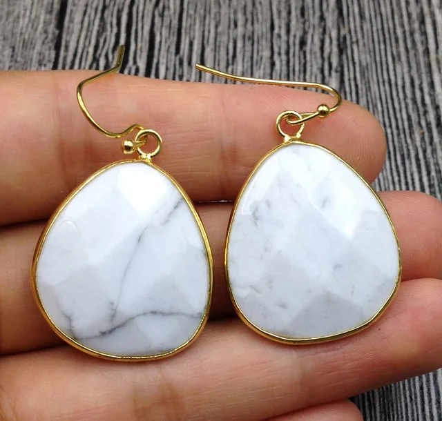 Ya2649 Picture Stone White Marble Turquois Labradorite Faceted Ya2649 Picture Stone White Marble Turquois Labradorite Faceted Teardrop Hook Earring Gold 28x23mm 40mm Long