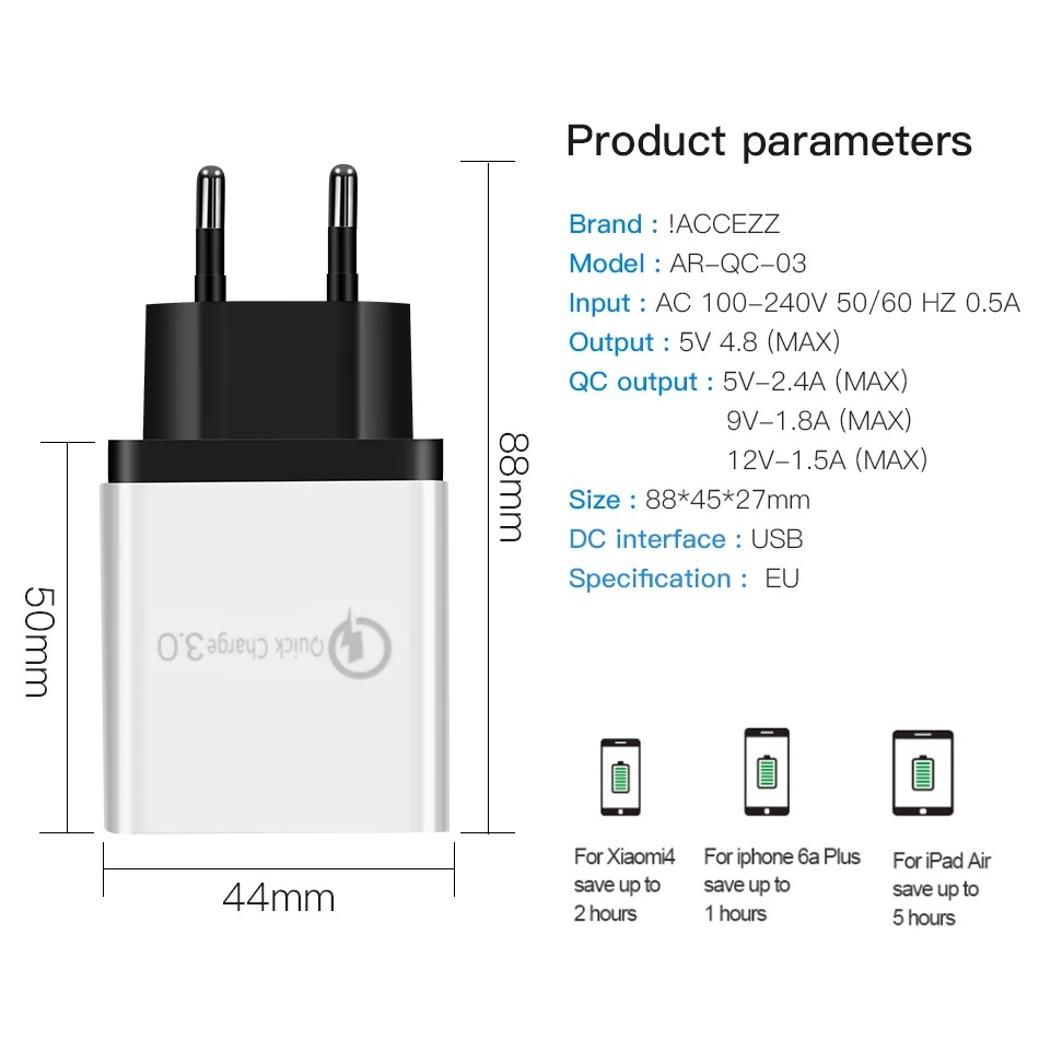 ACCEZZ 18 Вт USB зарядное устройство 3,0 Быстрая зарядка для samsung S8 S9 huawei P30 Xiaomi для iphone 8 X Быстрая зарядка EU штекер Адаптер для телефона