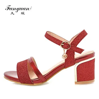

Fanyuan ladies Slingback high heel Sandals 2018 summer Open toes Block heels Bling Gold Silvery women Sandalet Party Dress shoes