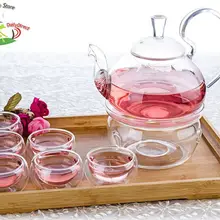 1 чайный набор E-1* 780 мл термостойкий стеклянный чайник с высокой ручкой+ 6 чашек 30 мл+ 1 грелка+ 1 поднос