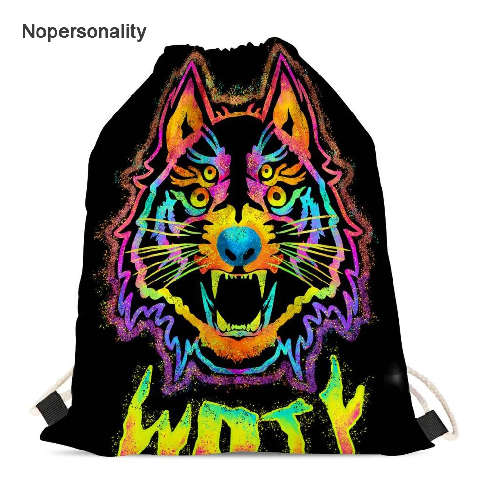 Nopersonality Neon Animal Wolf Print Drawstring Bag for Men Women Casual Female Travel Backpack Small Storage