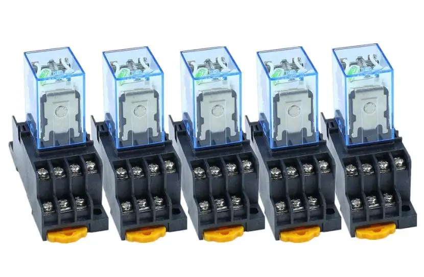 Preise 5 stücke MY4NJ 12 v 24 v 110 v 220 v Spule 5A 4NO 4NC Grüne Led anzeige Power relais Din schiene 14 Pin relais mit sockel basis