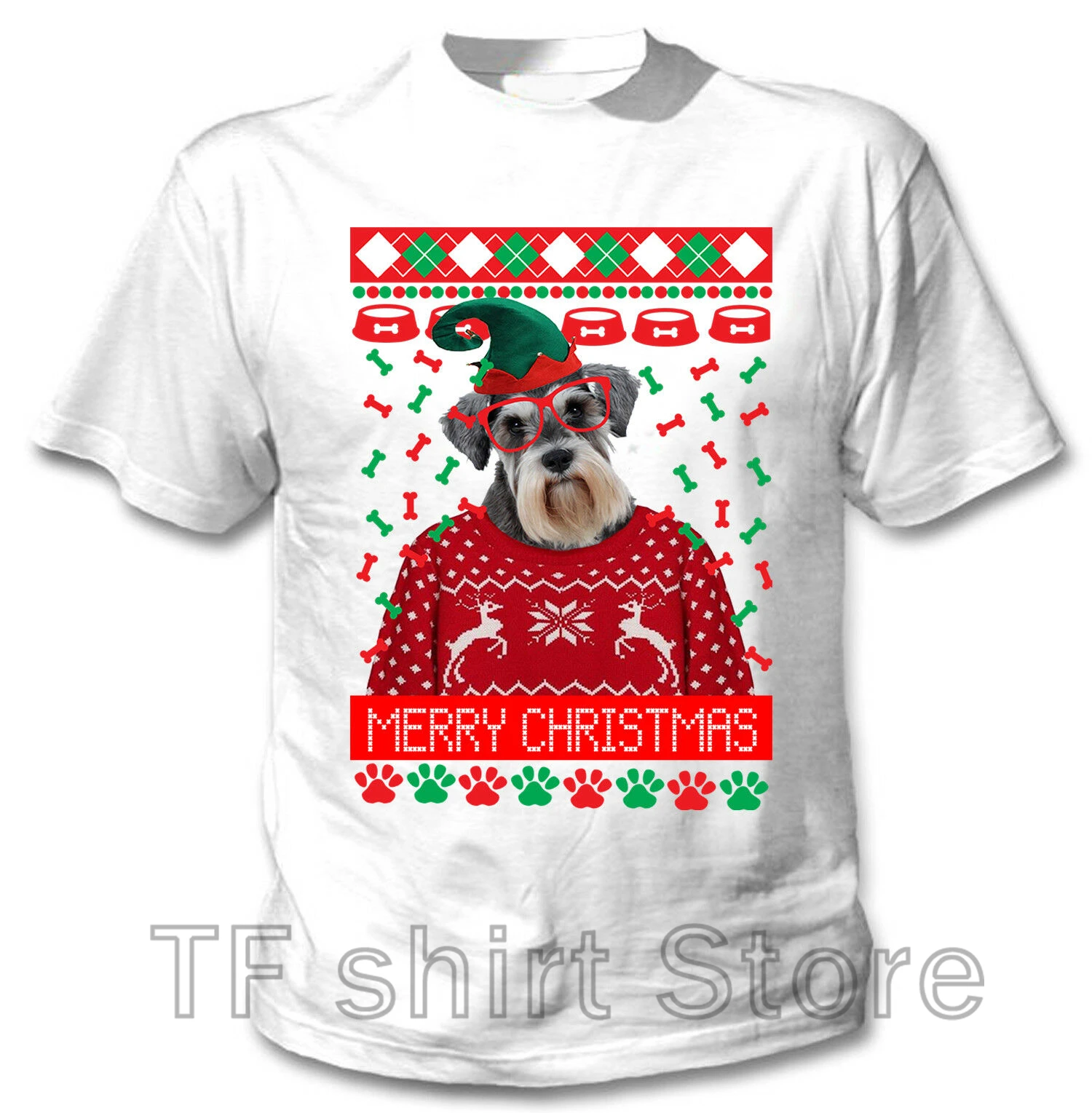 

Funny Print Men T shirt Women cool tshirt Schnauzer Christmas - COTTON WHITE TSHIRT