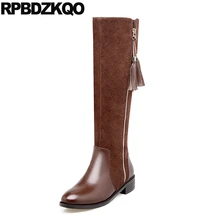 Длинный тепло сапоги Круглый носок марочный Боковая молния ботинки высокие бахрома Тонкие плоские коричневый женщины Настоящая кожа обувь женская мода китайский женский