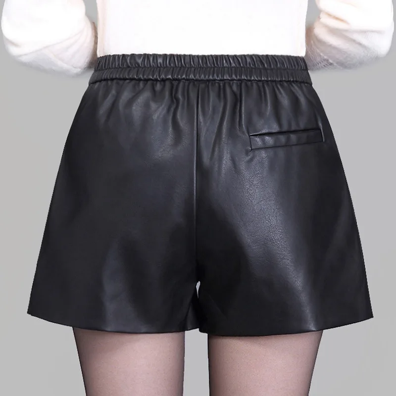 High waist Women Plus size leather shorts 2017 Autumn Fashion PU leathe Mosaic Ladies Skinny Black wide leg super shorts Girls Shorts