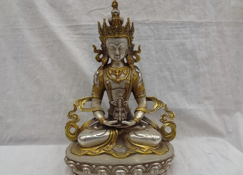 

song voge gem S5313 12" Tibet Silver Gilt Buddhism Joss Bronze Amitayus Buddha Statue Sculpture