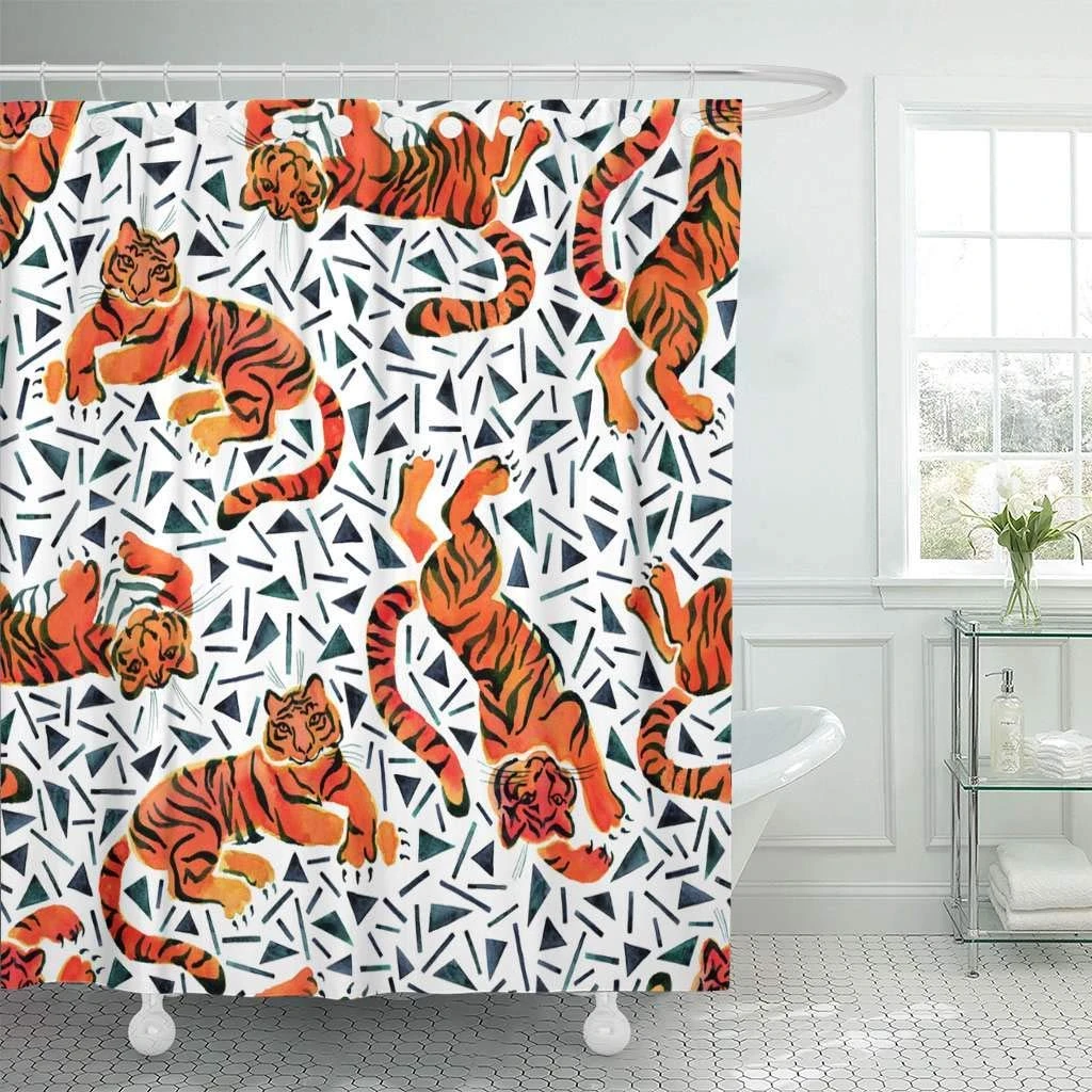 de ducha con ganchos selva colorida acuarela tigres en moda Memphis estilo Safari verde abstracto|Cortinas de ducha| - AliExpress