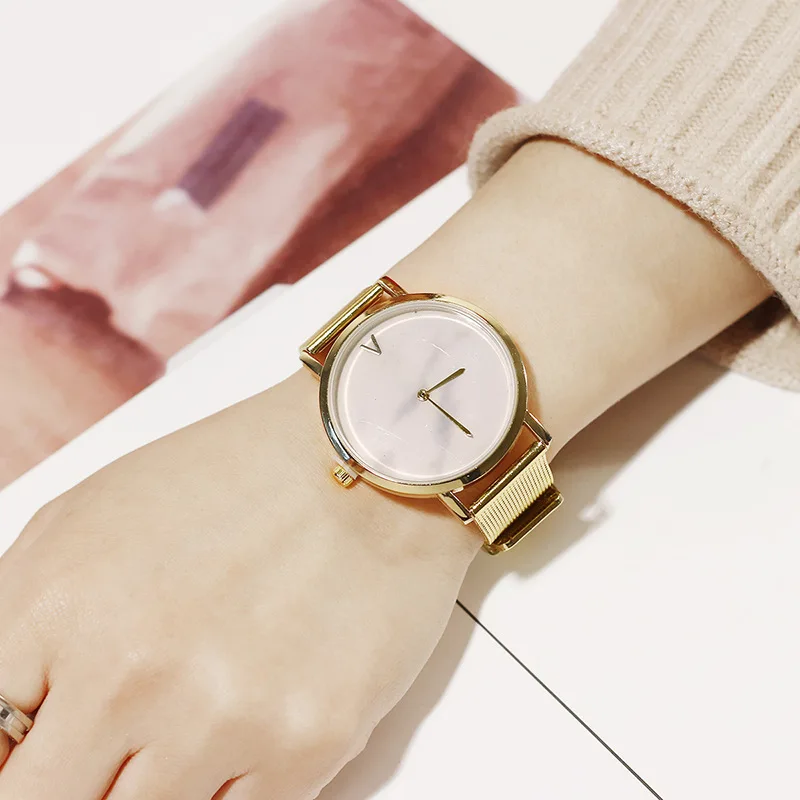 

British Simple Style Women Quartz Wrist Watch Creative Marble Lady Quartz Wristwatch Golden Stainless Mesh Band Women's Watches