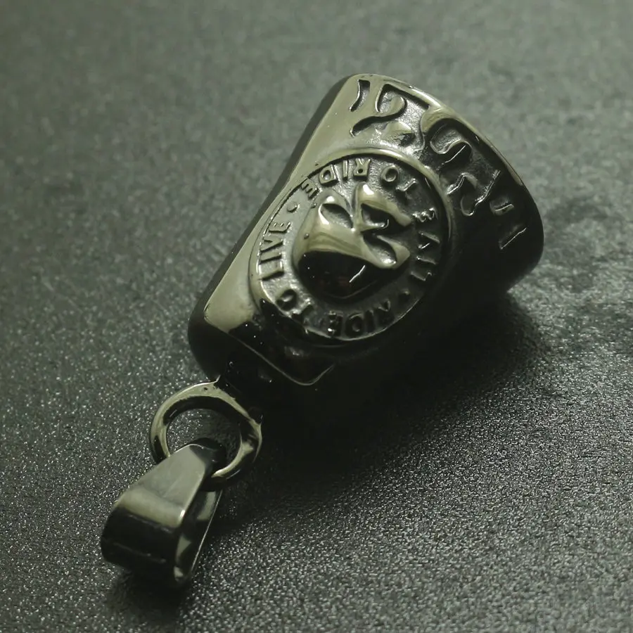 

Cool Biker Jingle Bell 316L Stainlesss Steel Black Ghost Rider Flaming RIDE TO LIVE-LIVE TO RIDE Seketon Pendant