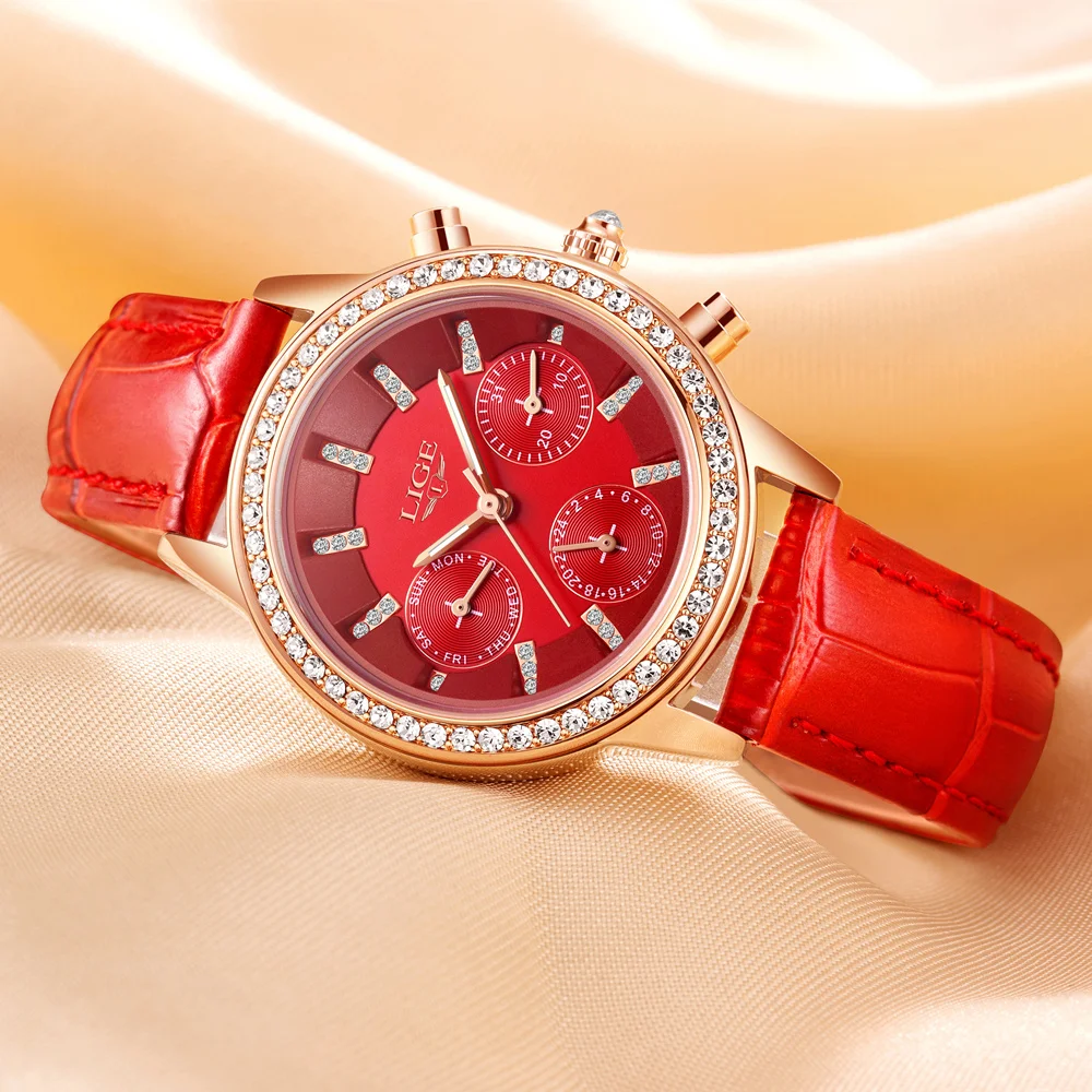 LIGE, роскошные Брендовые женские модные повседневные кварцевые часы с кожаным ремешком, женские часы под платье с бриллиантами, многофункциональные часы Relogio Feminino