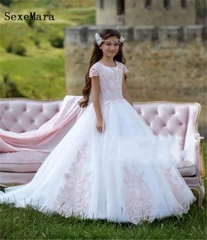 

New White Flower Girls Dresses for Wedding with Pink Applique O Neck Ankle Length Girls Pageant Dress Birthday Party Gown