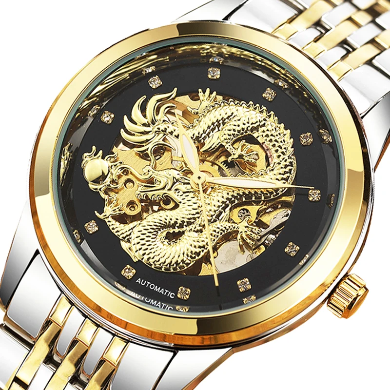

Luxury Gold Dragon Skeleton Automatic Mechanical Watches Men's Wristwatch Stainless Steel Black Clock Luminous Hands Male Reloj