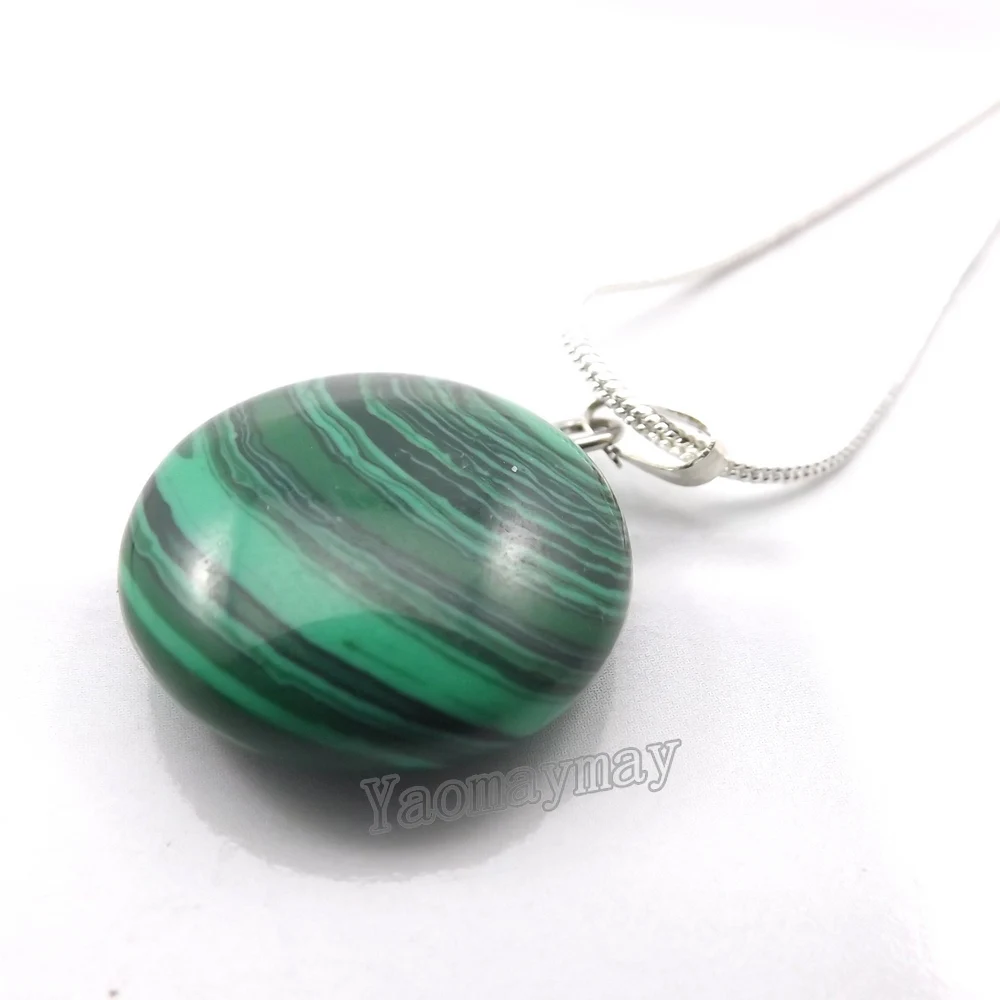 

20mm Round Natural Malachite Pendant Silver Plated Snake Chain Necklace For Promotion 20pcs/lot